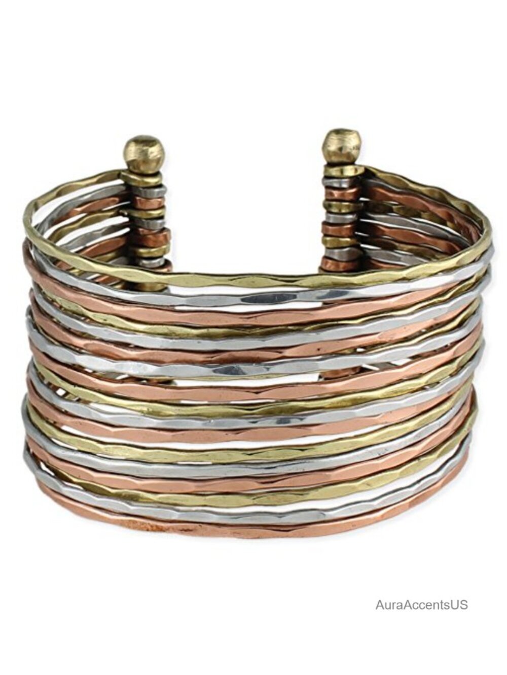 Hammered Three Tone Metal Cuff Bracelet Adjustable Open Back One Size
